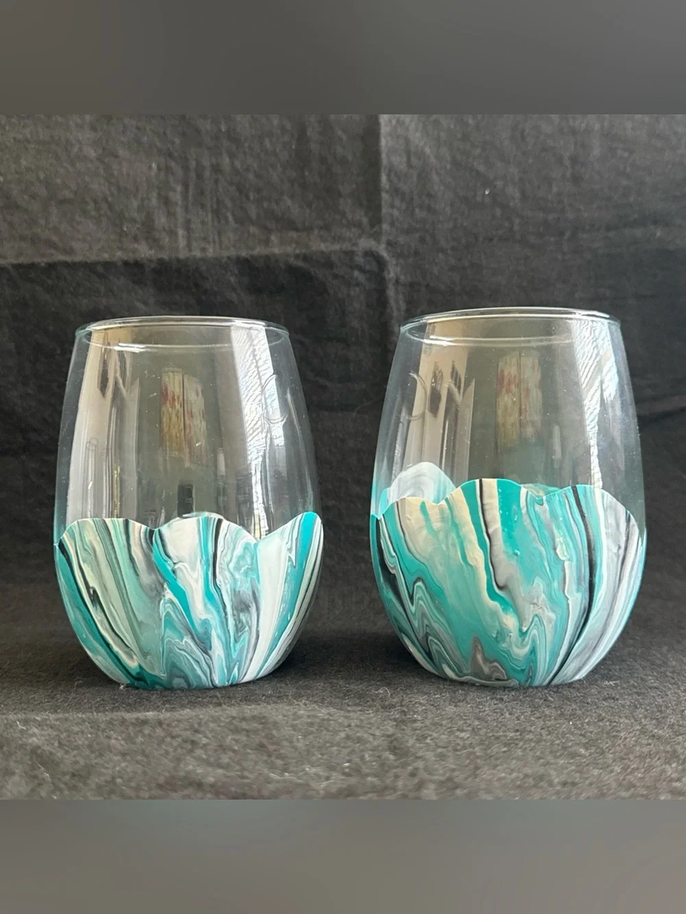 Water Marbled Stemless Wine Glasses Set Of 4 Handmade Unique Turquoise White